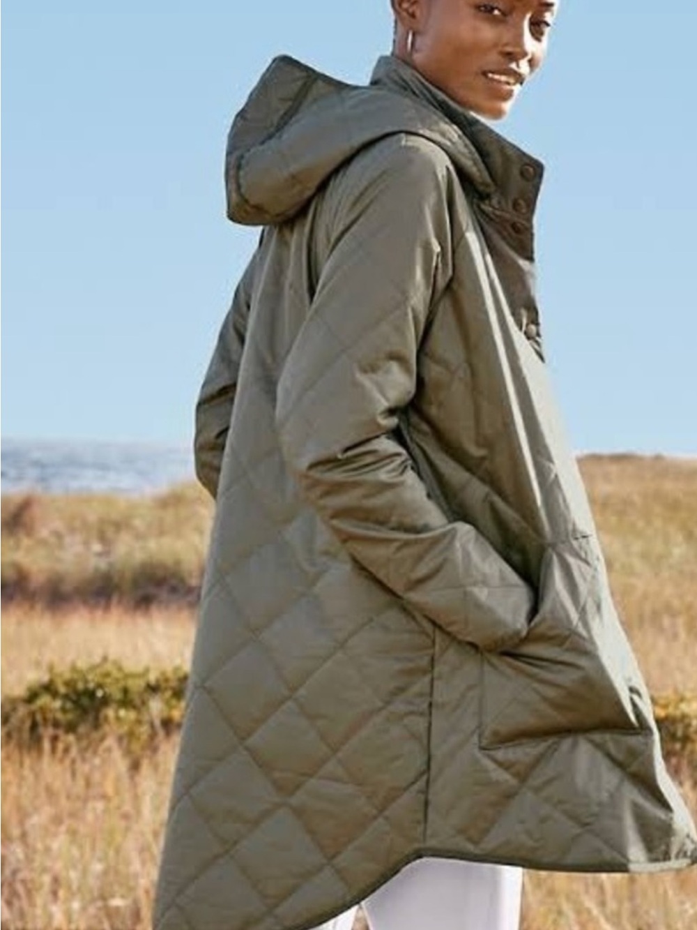 JKT706 - Garnet Hill Olive Green Coated Cotton Quilted Hooded Barn Coat Size 16